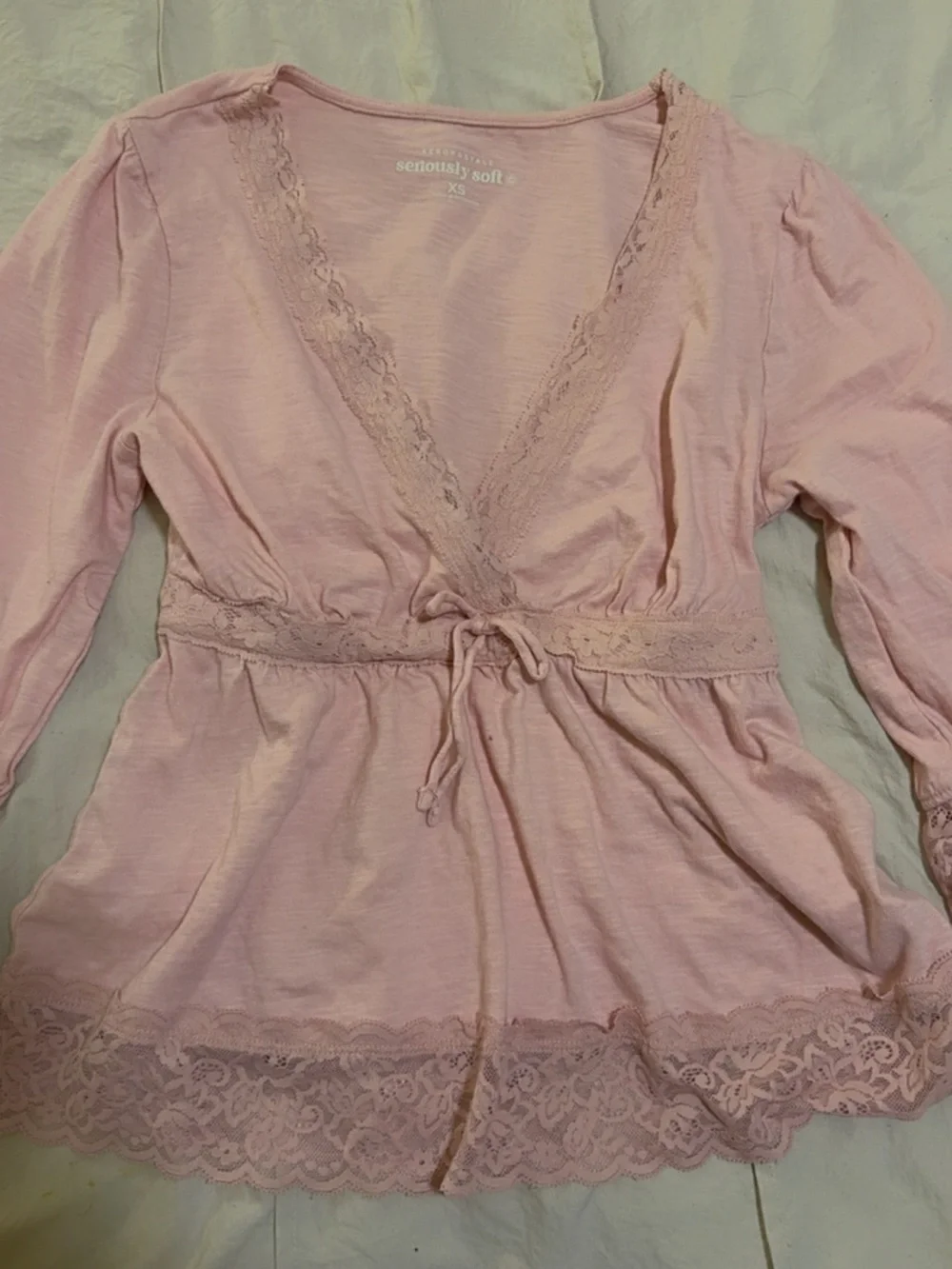 Aeropostale Pale Pink Lace-Trim Drawstring Long Sleeve Top